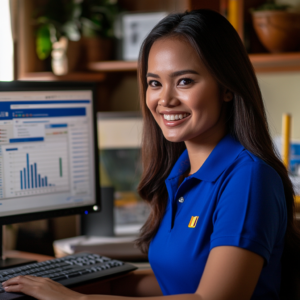 Digital Marketing Specialist creating content and strategies for a US business on a laptop.