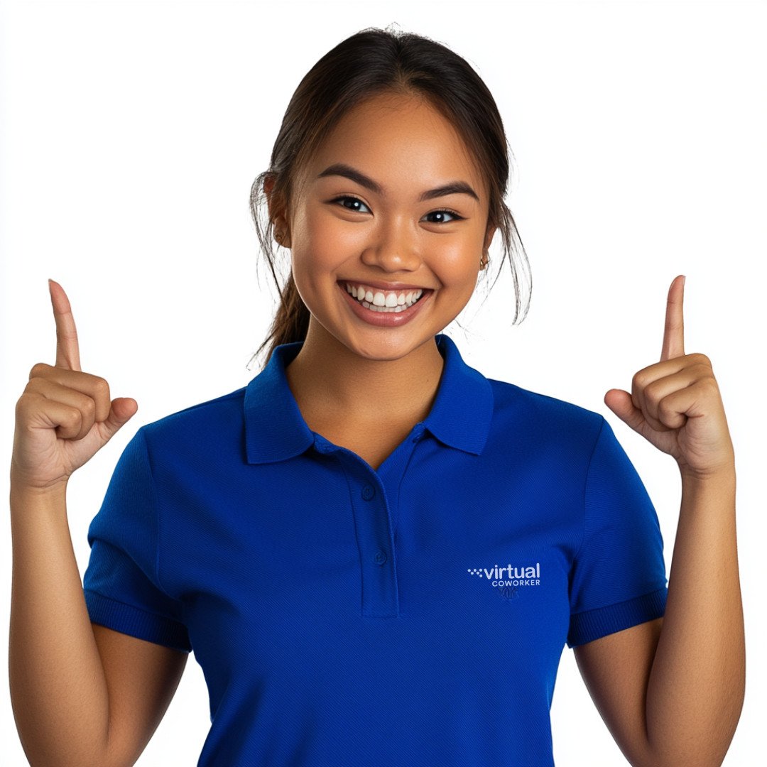 Professional woman virtual assistant in blue polo shirt presenting virtual assistant services for various industries.