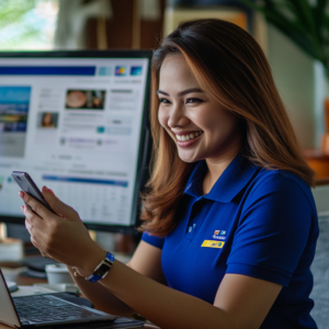 Social media specialist managing content and engagement for a US business on a smartphone.
